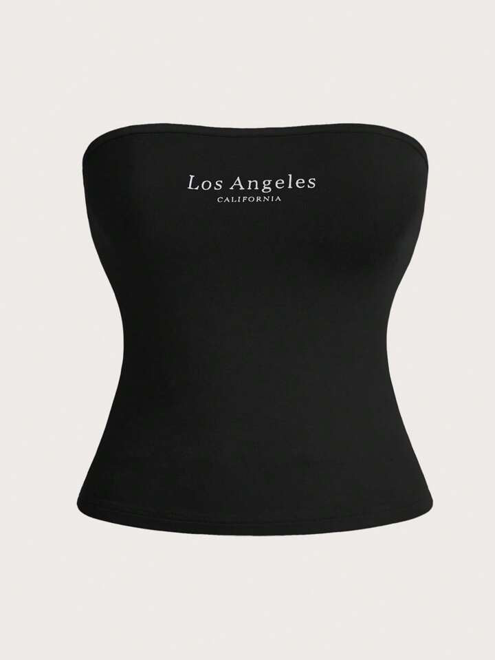 Teen Solid Black Graphic Cotton Tube Top