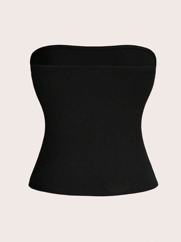 Teen Solid Black Graphic Cotton Tube Top