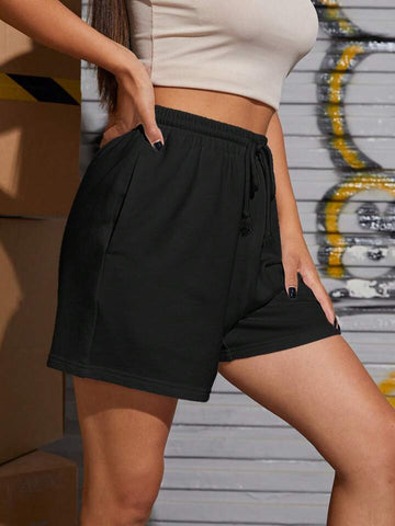 Black Polyester Drawstring Jogger Shorts