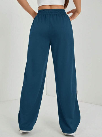 Teal Blue White-Stripe Wide-Leg Joggers