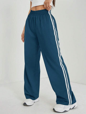 Teal Blue White-Stripe Wide-Leg Joggers