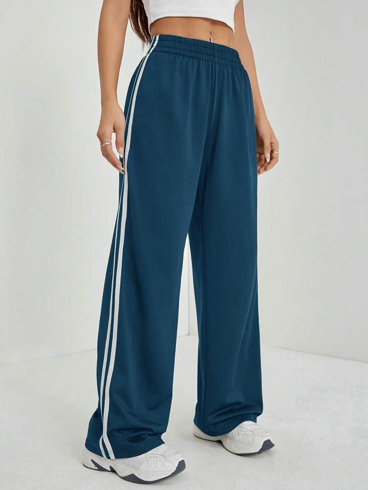 Teal Blue White-Stripe Wide-Leg Joggers