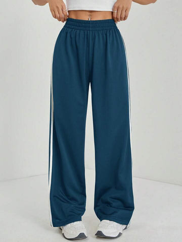Teal Blue White-Stripe Wide-Leg Joggers