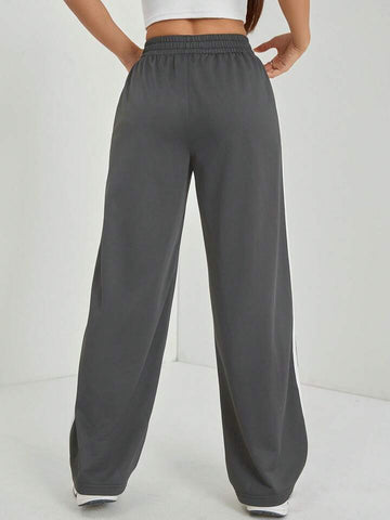 Smoke Grey White-Stripe Wide-Leg Joggers