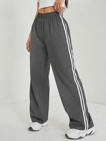Smoke Grey White-Stripe Wide-Leg Joggers