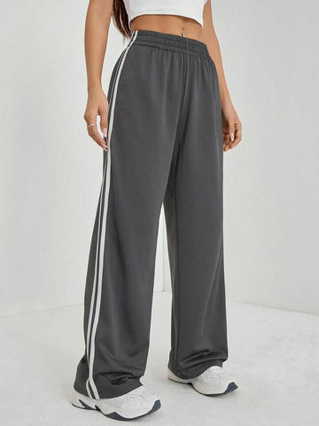 Smoke Grey White-Stripe Wide-Leg Joggers