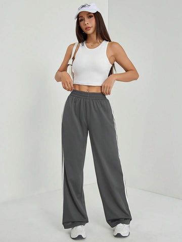 Smoke Grey White-Stripe Wide-Leg Joggers