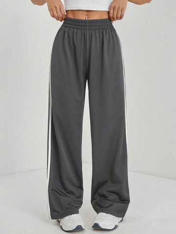Smoke Grey White-Stripe Wide-Leg Joggers
