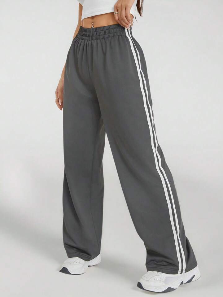 Smoke Grey White-Stripe Wide-Leg Joggers