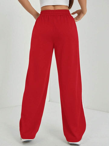 Red White-Stripe Wide-Leg Joggers