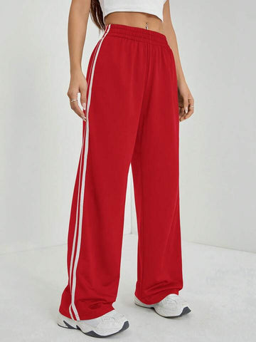 Red White-Stripe Wide-Leg Joggers