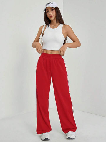 Red White-Stripe Wide-Leg Joggers