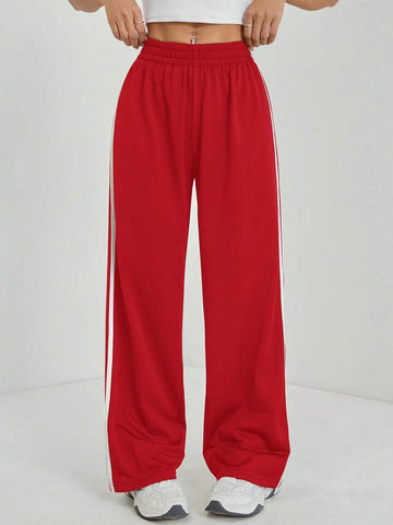 Red White-Stripe Wide-Leg Joggers