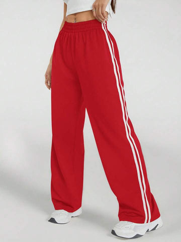 Red White-Stripe Wide-Leg Joggers