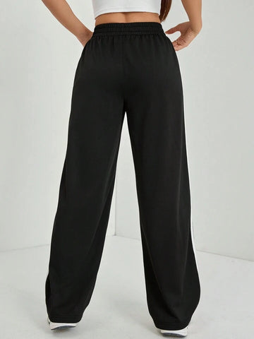 Black White-Stripe Wide-Leg Joggers