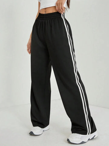 Black White-Stripe Wide-Leg Joggers