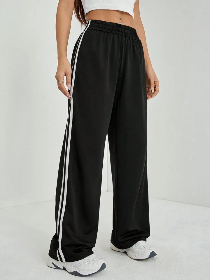 Black White-Stripe Wide-Leg Joggers