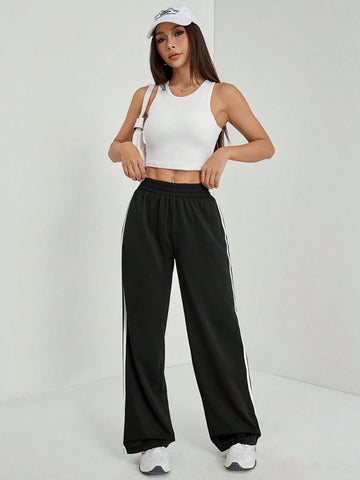 Black White-Stripe Wide-Leg Joggers