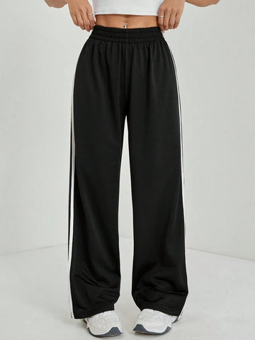 Black White-Stripe Wide-Leg Joggers