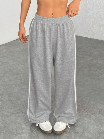 Heather Grey White-Stripe Wide-Leg Joggers