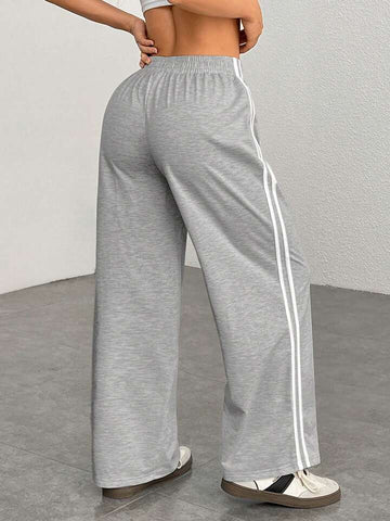 Heather Grey White-Stripe Wide-Leg Joggers