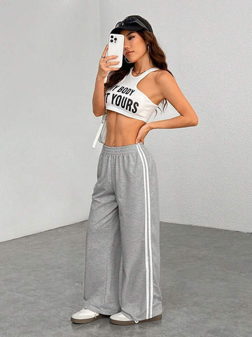 Heather Grey White-Stripe Wide-Leg Joggers