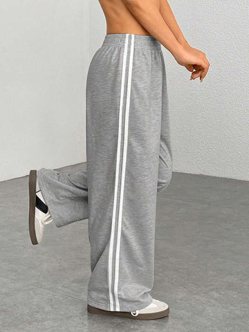 Heather Grey White-Stripe Wide-Leg Joggers