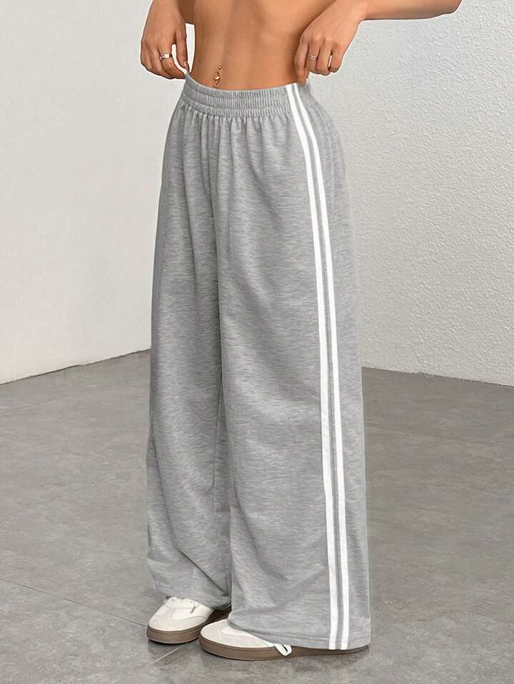 Heather Grey White-Stripe Wide-Leg Joggers