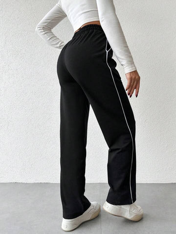 Black Contrast-Piping Wide-Leg Sweatpants