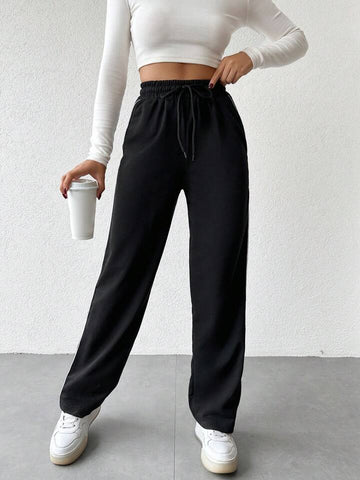 Black Contrast-Piping Wide-Leg Sweatpants
