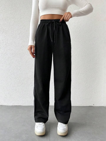 Black Contrast-Piping Wide-Leg Sweatpants