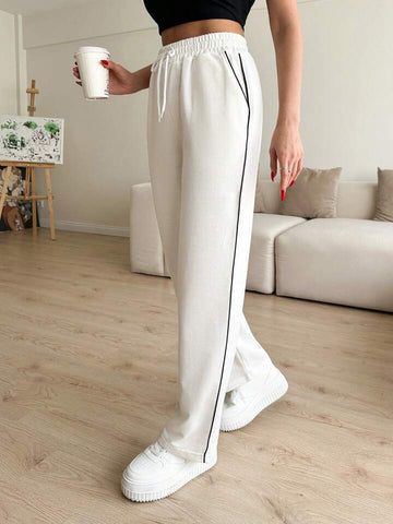 White Contrast-Piping Wide-Leg Sweatpants