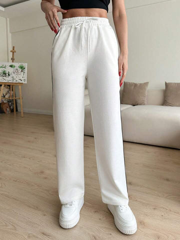 White Contrast-Piping Wide-Leg Sweatpants