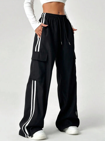 Black Double-Stripe Wide-Leg Cargo Trousers