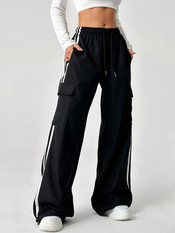 Black Double-Stripe Wide-Leg Cargo Trousers