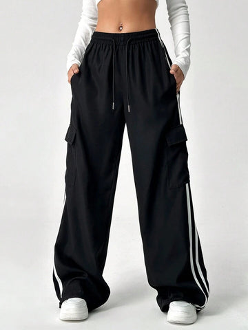Black Double-Stripe Wide-Leg Cargo Trousers