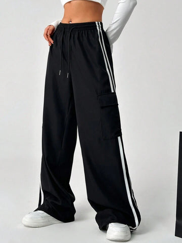 Black Double-Stripe Wide-Leg Cargo Trousers