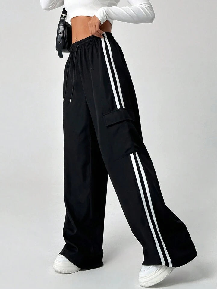 Black Double-Stripe Wide-Leg Cargo Trousers