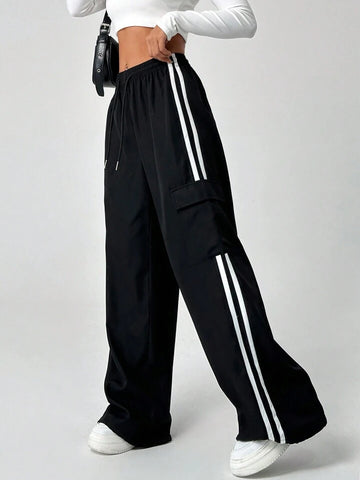 Black Double-Stripe Wide-Leg Cargo Trousers
