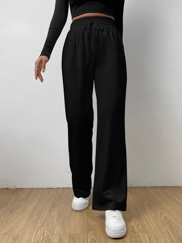 Black Drawstring Wide-Leg Trousers