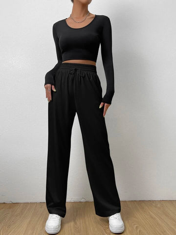 Black Drawstring Wide-Leg Trousers