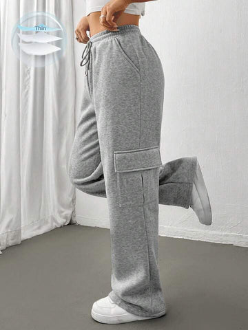 Heather Grey Drawstring Wide-Leg Cargo Sweatpants