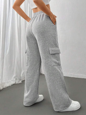 Heather Grey Drawstring Wide-Leg Cargo Sweatpants