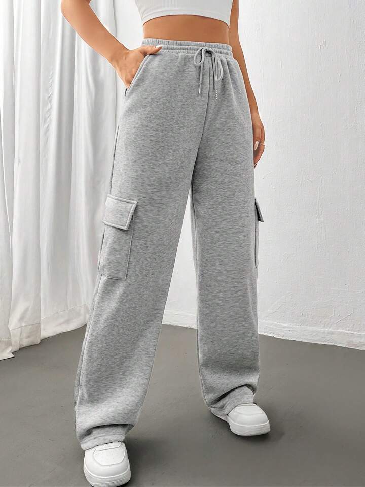 Heather Grey Drawstring Wide-Leg Cargo Sweatpants