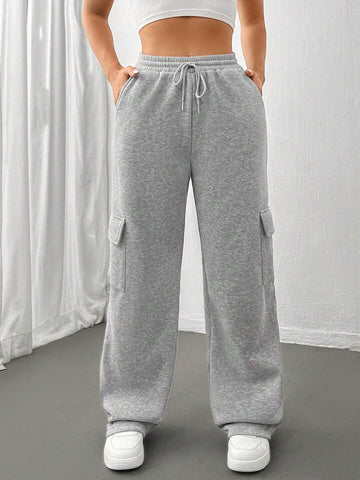 Heather Grey Drawstring Wide-Leg Cargo Sweatpants