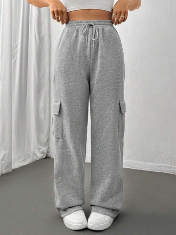 Heather Grey Drawstring Wide-Leg Cargo Sweatpants