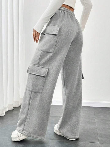Heather Grey Drawstring Wide-Leg Cargo Joggers