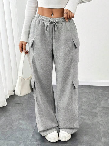 Heather Grey Drawstring Wide-Leg Cargo Joggers