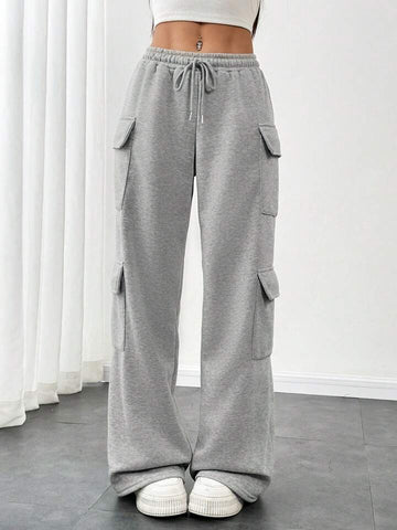 Heather Grey Drawstring Wide-Leg Cargo Joggers