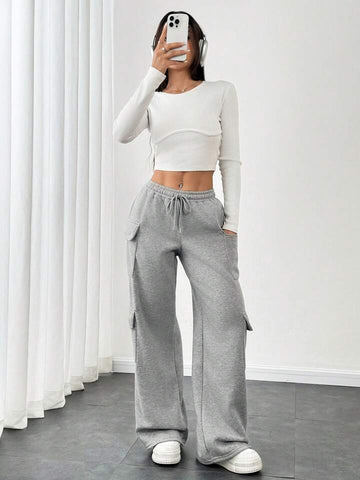 Heather Grey Drawstring Wide-Leg Cargo Joggers